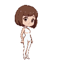 short brown hair bob haircut girl in white bodycon jumpsuit, semi-chibi, right side