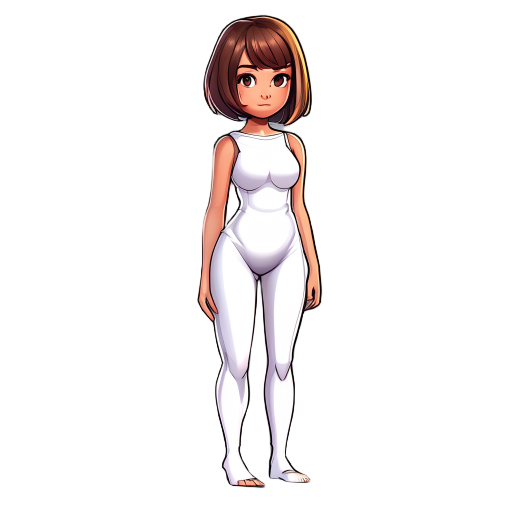 short brown hair bob haircut girl in white bodycon jumpsuit, right side