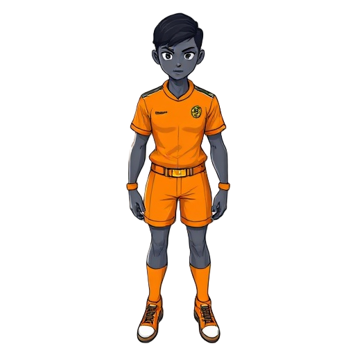 um personagem de pele escura com o uniforme de gari laranja de nova iguaçu virado para frente de corpo inteiro