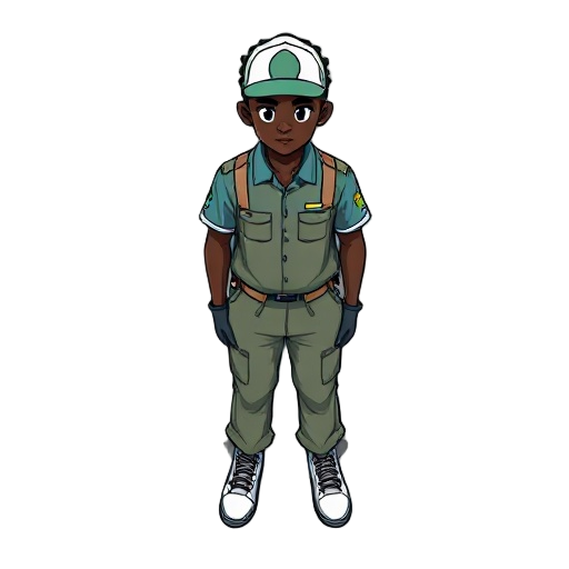 a dark-skinned character in the nova iguaçu street cleaner uniform facing forward full-length