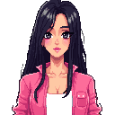 a stylish young asian woman with long black hair, pink bomber jacket, white crop top