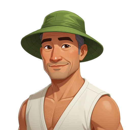 a middle-aged asian fisherman character. he has tanned skin, a muscular but slightly thin build, and a friendly, calm expression. he wears a green boonie hat, a white sleeveles