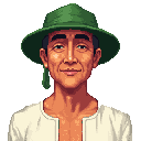 a middle-aged asian fisherman character. he has tanned skin, a muscular but slightly thin build, and a friendly, calm expression. he wears a green boonie hat, a white sleeveles