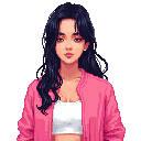 28 years old asian woman with long black hair, pink bomber jacket, white crop top