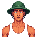 a 40 years old asian fisherman character. he has tanned skin, a muscular but slightly thin build, and a friendly, calm expression. he wears a green boonie hat, a white tank top