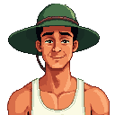 a 40 years old asian fisherman character. he has tanned skin, a muscular but slightly thin build, and a friendly, calm expression. he wears a green boonie hat, a white tank top