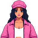 a stylish young asian woman with long black hair, wearing a pink cap, pink bomber jacket, white crop top