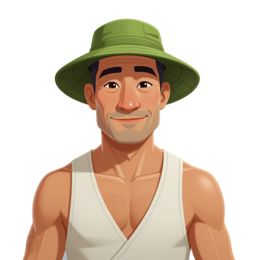a middle-aged asian fisherman character. he has tanned skin, a muscular but slightly thin build, and a friendly, calm expression. he wears a green boonie hat, a white sleeveles