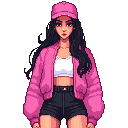 a stylish young asian woman with long black hair, wearing a pink cap, pink bomber jacket, white crop top, and black high-waisted shorts