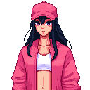 a stylish young asian woman with long black hair, wearing a pink cap, pink bomber jacket, white crop top