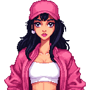 a stylish young asian woman with long black hair, wearing a pink cap, pink bomber jacket, white crop top