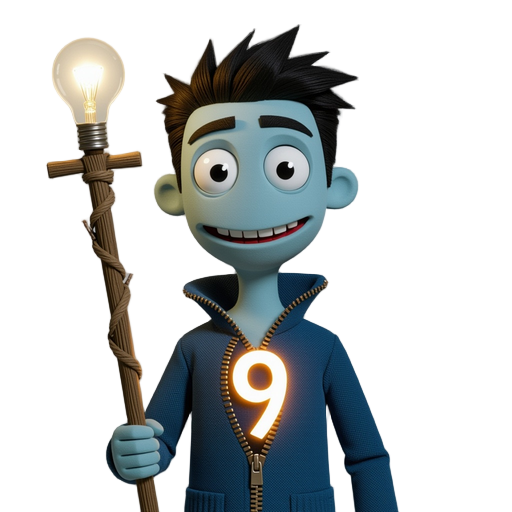 a puppet with a zipper down his chest and a glowing 9 on his back carrying a rustic makeshift staff that has a lightbulb on top. this should look like the movie 9 by tim burton 