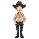 the character should have a slightly slimmer body, wearing a beige dress shirt, black pants, black belt, and a brown hat