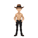 the character should have a slightly slimmer body, wearing a beige dress shirt, black pants, black belt, and a brown hat
