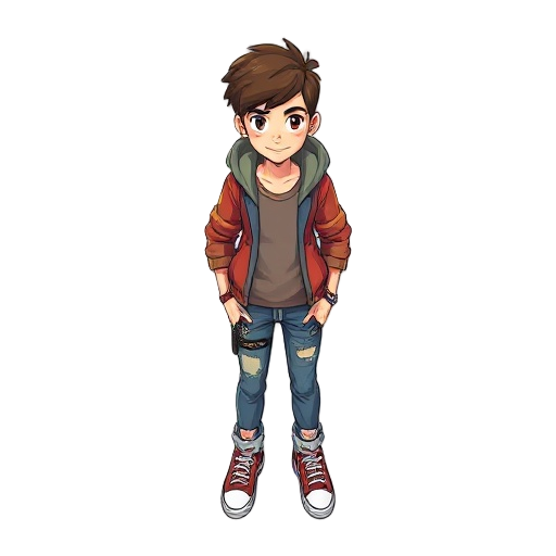 create a top-down character design for a teenage character. this character should have a unique style that reflects their personality and interests. include details about their clothing, accessories, and any distinctive features that set them apart. 