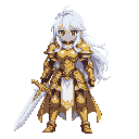  a full body female character wearing golden armor in anime, long white hair, red eyes, holding a holy sword in 2d pixel 8 bit style, no background, face right