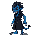 humanoid creature with blue skin, sharp fangs, and claws. his hair is spiky and wild, adding to his fierce appearance. he wears a long black trench coat that sways gently with his movements.