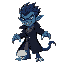 the character is a humanoid creature with blue skin, sharp fangs, and claws. his hair is spiky and wild, adding to his fierce appearance. he wears a long black trench coat that sways gently with his