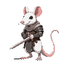 a white humanoid rat, with medieval warrior armor and sword