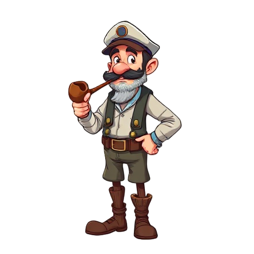 a fisherman, with a fish in his hand and a wooden leg, a pipe in his mouth and a sailor's hat