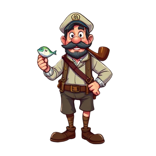 a fisherman, with a fish in his hand and a wooden leg, a pipe in his mouth and a sailor's hat 