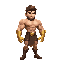 create character andreh, musculous male, with protetic golden arm facing side