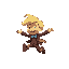a blonde and colorfull character similar to willie wonka, iddle, running and jumping