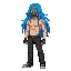 male, light brow skin, long blue hair, no shirt, black jeans, no shoes, gas mask.