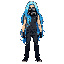 male, light brow skin, long blue hair, no shirt, black jeans, no shoes, gas mask.