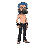 male, light brow skin, long blue hair, no shirt, black jeans, no shoes, gas mask.