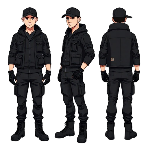 "create a character turnaround sheet of a tactical urban male character in a black cap, black tactical jacket with zippers, black cargo pants, fingerless gloves, and chunky boots. the character has a strong build, stands straight in a neutral pose. show t