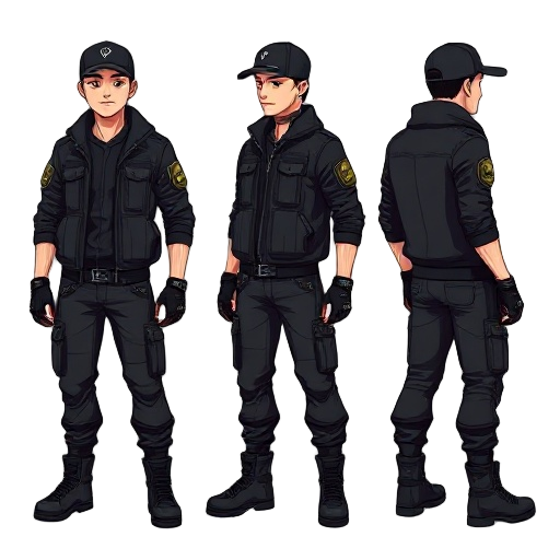 "create a character turnaround sheet of a tactical urban male character in a black cap, black tactical jacket with zippers, black cargo pants, fingerless gloves, and chunky boots. the character has a strong build, stands straight in a neutral pose. show t