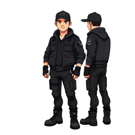 "create a character turnaround sheet of a tactical urban male character in a black cap, black tactical jacket with zippers, black cargo pants, fingerless gloves, and chunky boots. the character has a strong build, stands straight in a neutral pose. show t