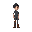 spritesheet for an 2d human character with black hair, grey pants, brown boots and a red scalf