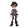 spritesheet for an 2d human character with black hair, grey pants, brown boots and a red scalf