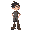 spritesheet for an 2d human character with black hair, grey pants, brown boots and a red scalf