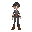 spritesheet for an 2d human character with black hair, grey pants, brown boots and a red scalf