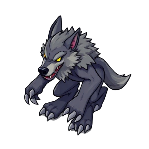 large wolf-like humanoid, dual claws, glowing eyes, idle, more pixelated 
