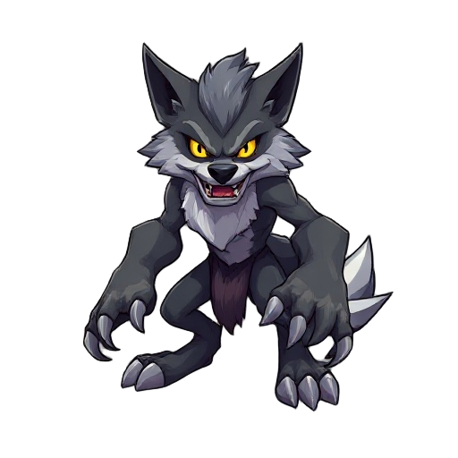 large wolf-like humanoid, dual claws, glowing eyes