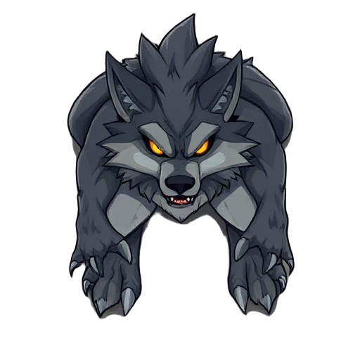 large wolf-like humanoid, dual claws, glowing eyes, idle 