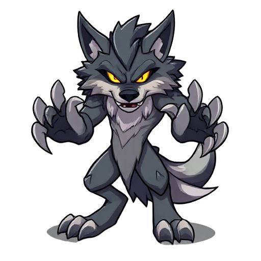 large wolf-like humanoid, dual claws, glowing eyes