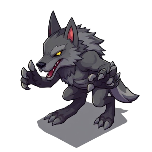 large wolf-like humanoid, dual claws, glowing eyes, idle 