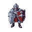  a pixel sprite sheet of a knight in steel armor with a large steel shield for 2d games, top/isometric view. 16-bit style, low resolution (32x32 pixels per sprite). crisp pixels, limited color palette