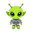 top-down game character of a cute green alien with a round head, antennas, big eyes, in a gray/white space suit. cartoon style, colorful, friendly, simple shapes, clean lines, sci-fi themed.