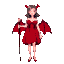 voluptuous female vampire in red dress with a pitchfork