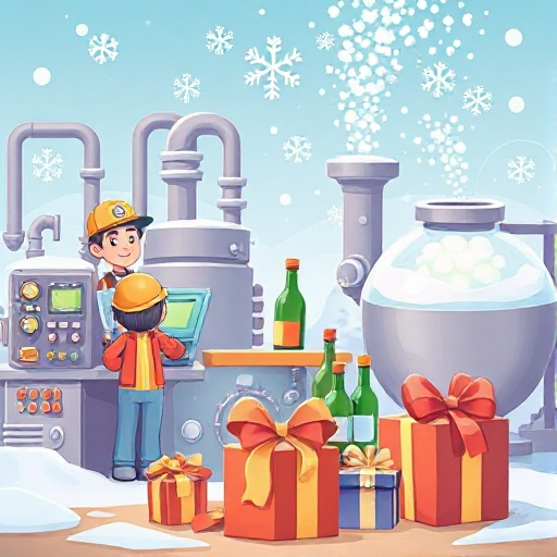 workers in hats at control panels, pipes, tanks, and funnels with snowflake symbols. snowflakes flow into bottles and gifts. presents with ribbons at bottom