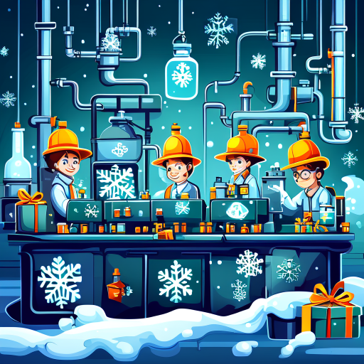 workers in hats at control panels, pipes, tanks, and funnels with snowflake symbols. snowflakes flow into bottles and gifts. presents with ribbons at bottom