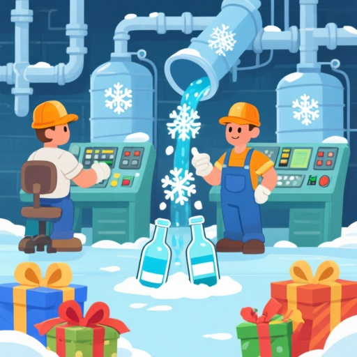 workers in hats at control panels, pipes, tanks, and funnels with snowflake symbols. snowflakes flow into bottles and gifts. presents with ribbons at bottom