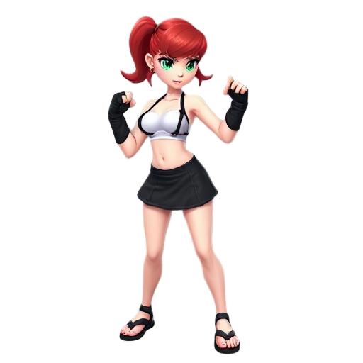 female, red hair, pale skin, garter straps, white mini top, black miniskirt, black sandals, green eyes, wearing black fingerless gloves, toned, athletic, street fighter, smash bros, fighting character, fighting pose