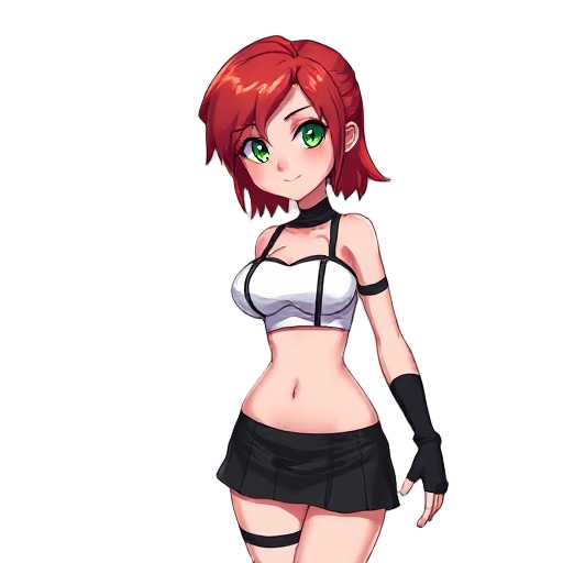 female, red hair, pale skin, garter straps, white mini top, black miniskirt, green eyes, wearing black fingerless gloves, toned, athletic,